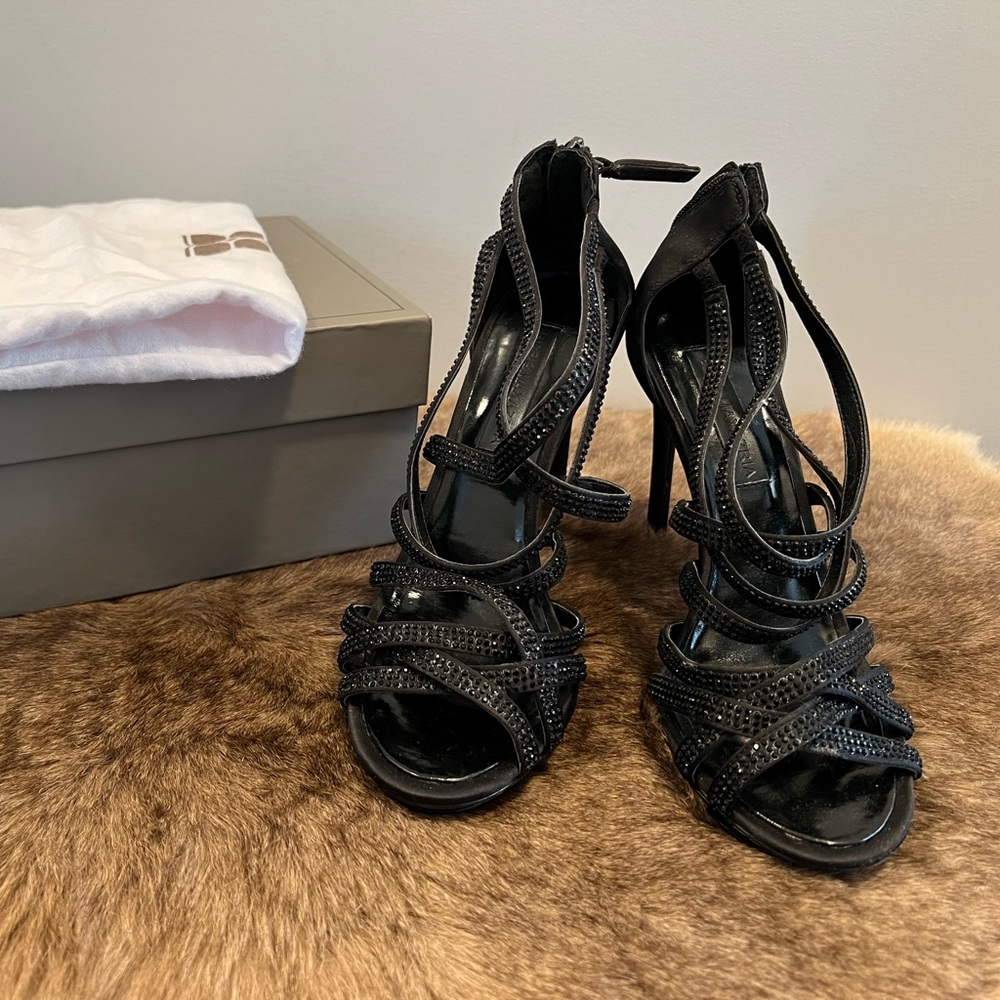 BCBGMAXAZRIA Black Satin Strappy Heels with Rhinestone Detail – Size 6.5